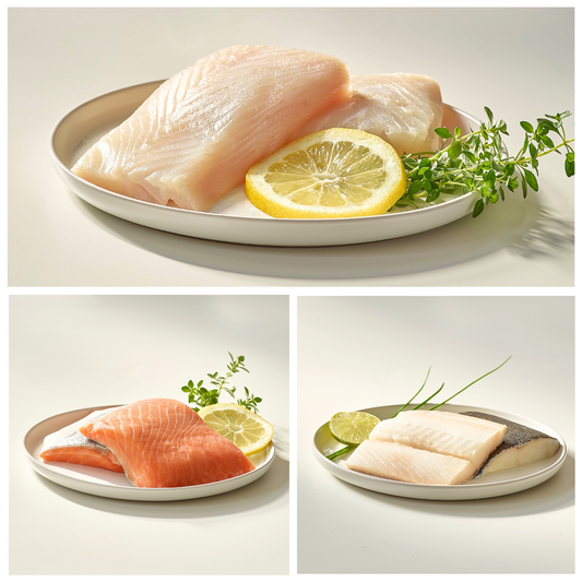 Three images showing raw fish fillets with lemon slices and herbs on white plates.
