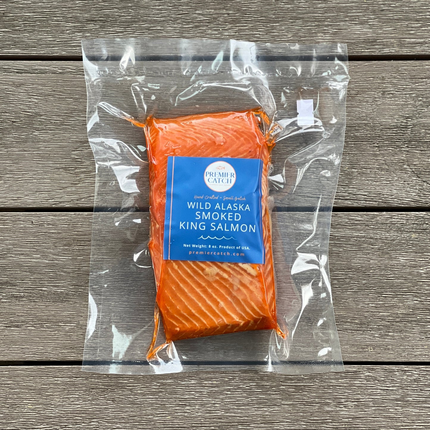 Wild alaskan smoked king salmon in Premier Catch retail packaging