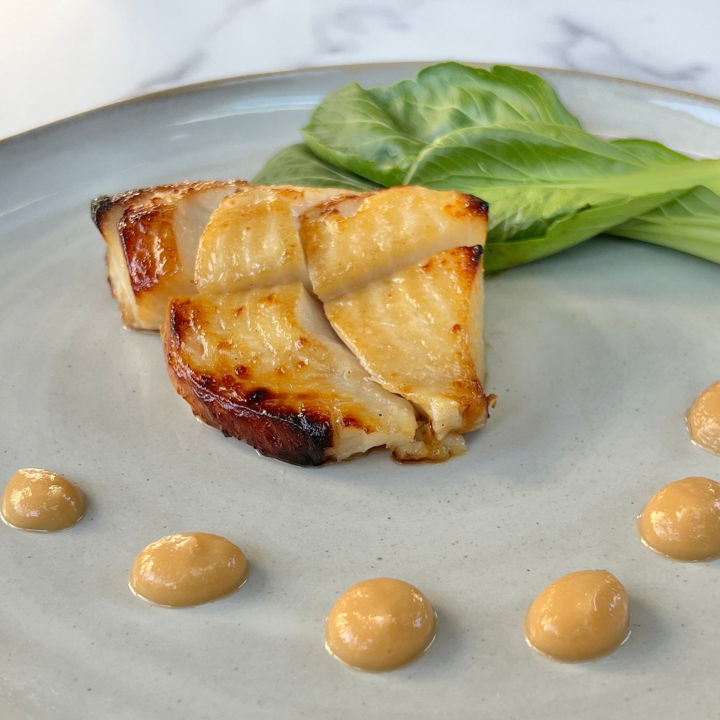 Miso marinated black cod sablefish plated with bok choy and miso sauce.