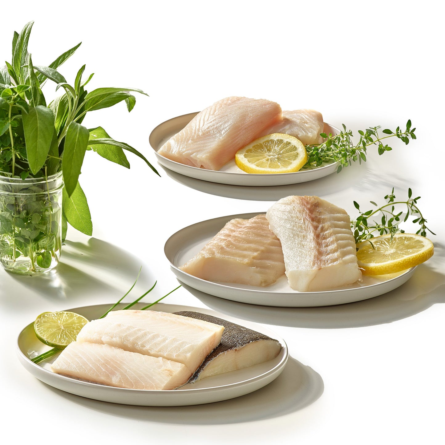 Raw fish fillets on plates with lemon slices and herbs on a white background