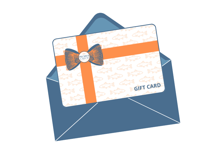 Gift card with orange ribbon and bow in a blue envelope on a white background