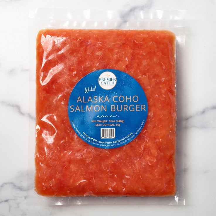 Wild Alaska coho salmon burger patty in packaging.