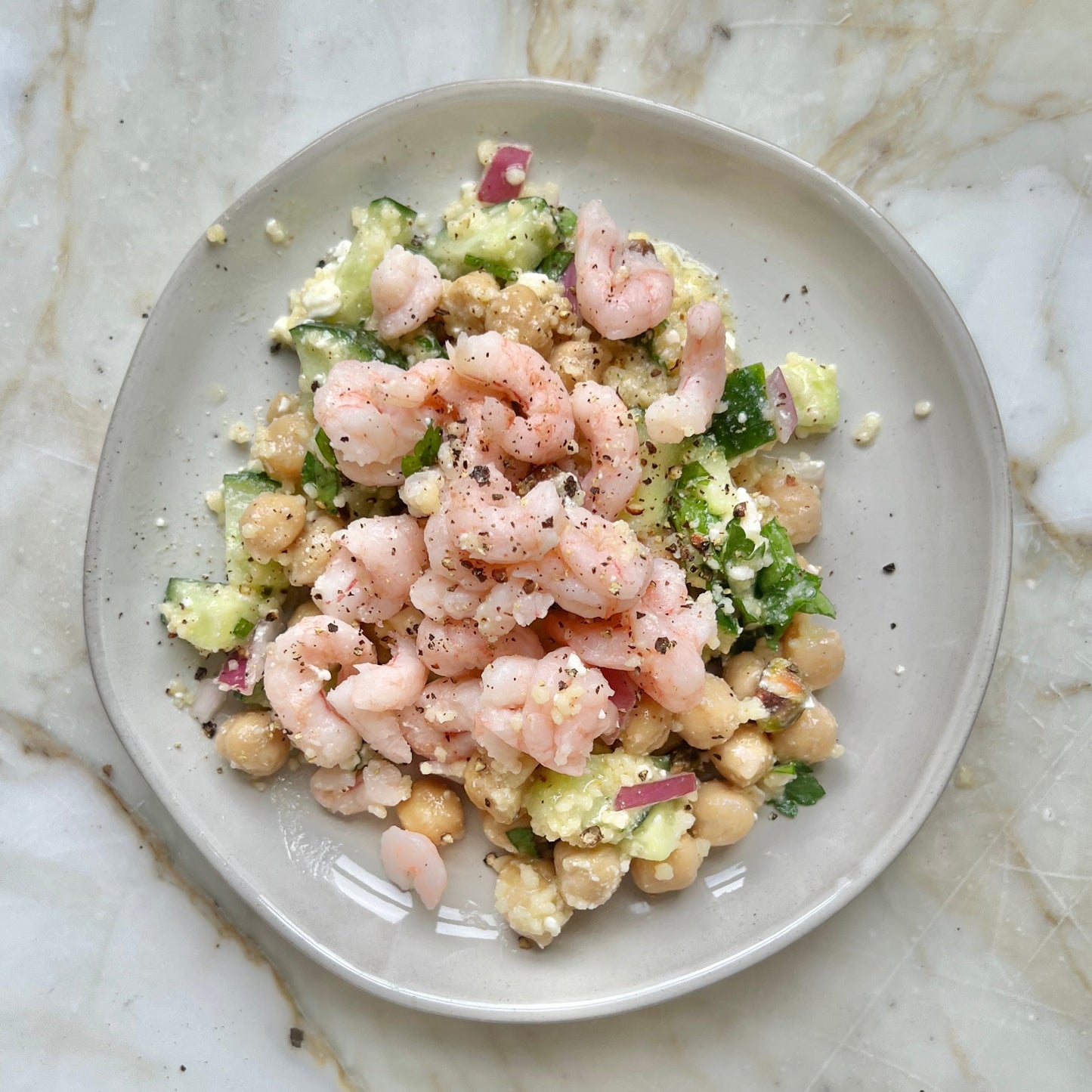 Shrimp salad made with wild Oregon shrimp, avocado, cucumber, and herbs